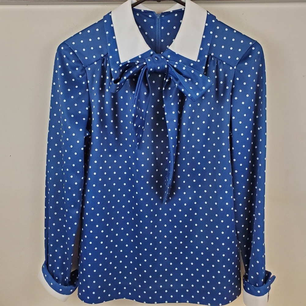 Vintage Womens Top Blue Polka Dots Medium
